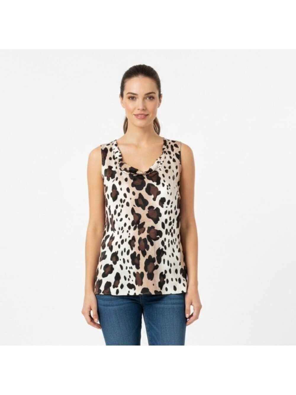 ST. JOHN 100% Silk Beige Tan Black Sleeveless Animal Print Tank Top Sz L